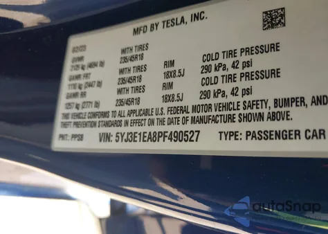 2023 Tesla Model 3 Rear-Wheel Drive from USA, damaged, VIN 5YJ3E1EA8PF490527